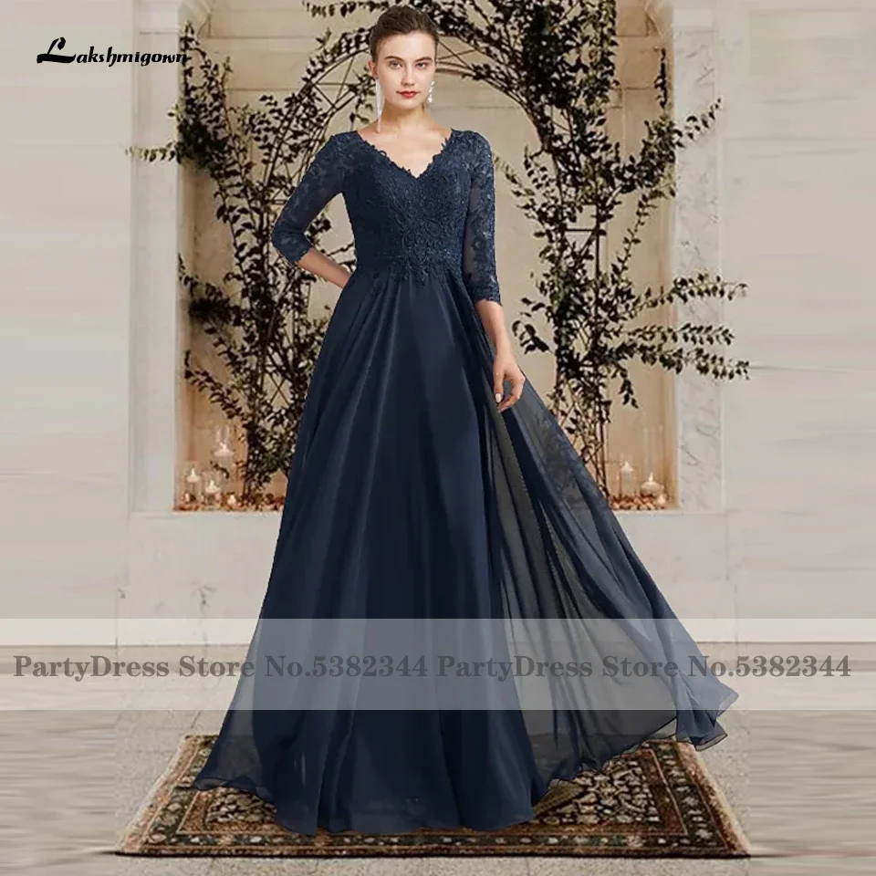 Lakshmigown Elegantné námornícke modré šaty pre svadobný hosť 2025 Robe Mariage Matka svadobných šiat 3/4 čipkovaných rukávov