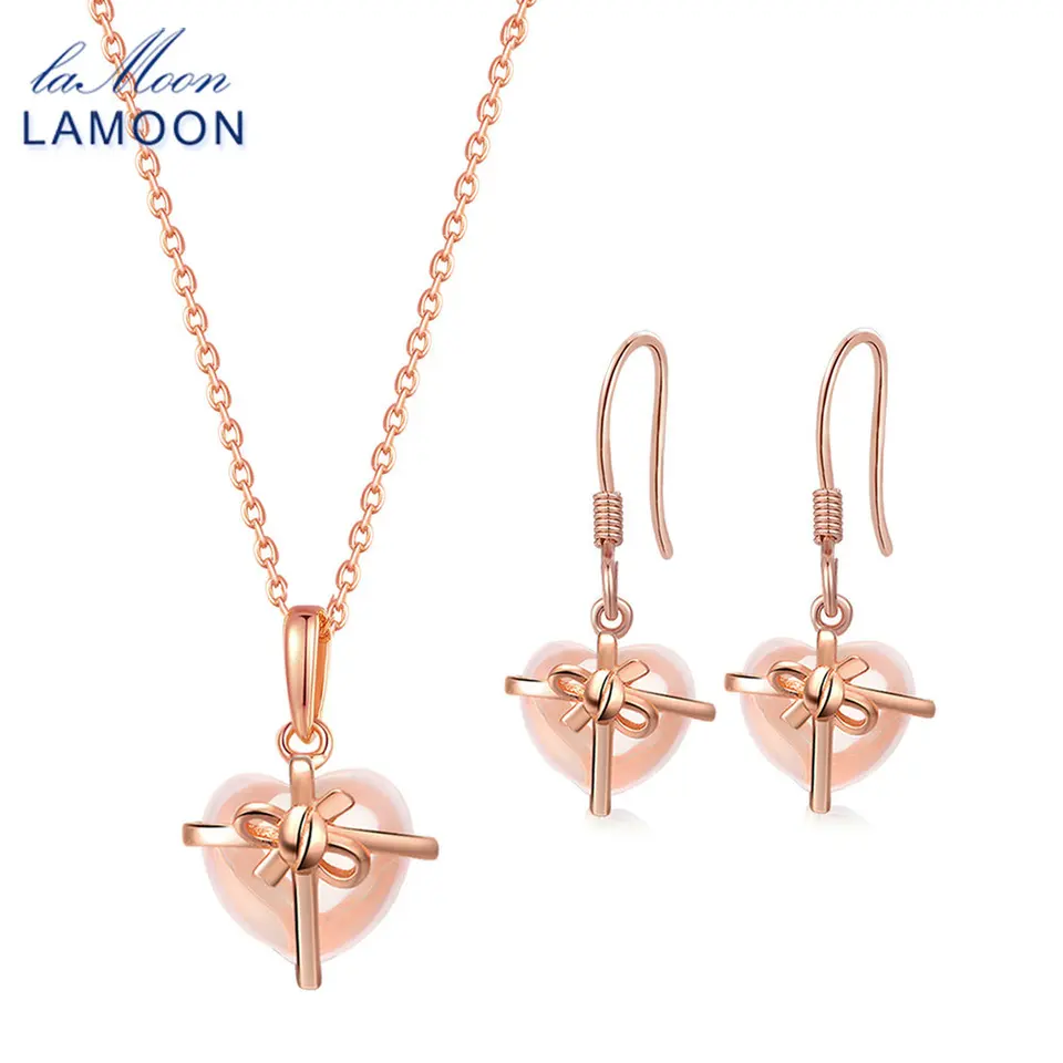 Lamoon Natural Rose Quartz Gemstone šperky pre ženy 925 Sterling Silver Rose Gold Vermeil Krásne počuť šperky darček V028