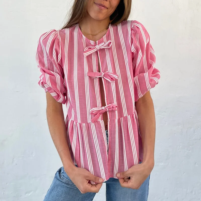 Lamuusaa blúzky y2k oblečenie Ženy Spevná farba/pruh potlač Puff Krátke rukávy Triach Up Cardigan Tirls 2000s Clothing Streetwear