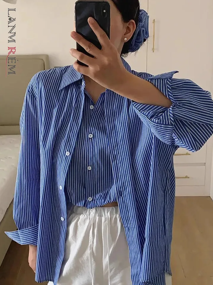 Lanmrem Fashion Dámsky patchwork pruhy košeľa Lase Fit Fit Single Breast s dlhým rukávom Vertikálna blúzka 2025 Spring 7B200
