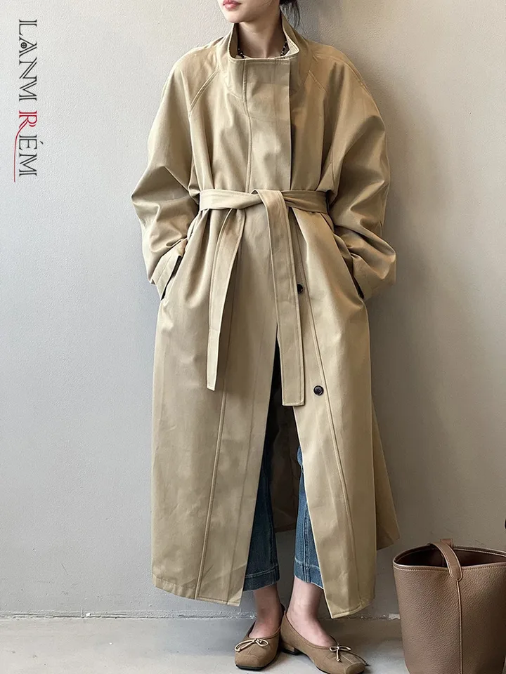 [Lanmrem] Office Lady Belt zhromaždil pásový priekopa pre ženy stojan na krk single Breast Windbreaker 2025 Autumn nový 26C490