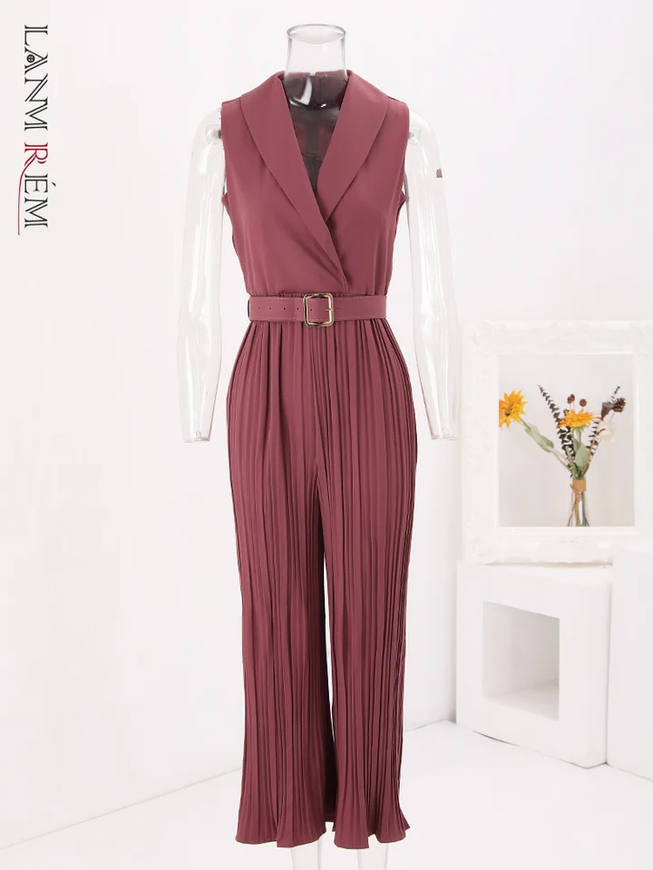 Lanmrem Office Lady Lady bez rukávov pre ženy vopný pás Zhromaždený pás Plepated Clothing Fashion 2024 Summer Nový SN0364