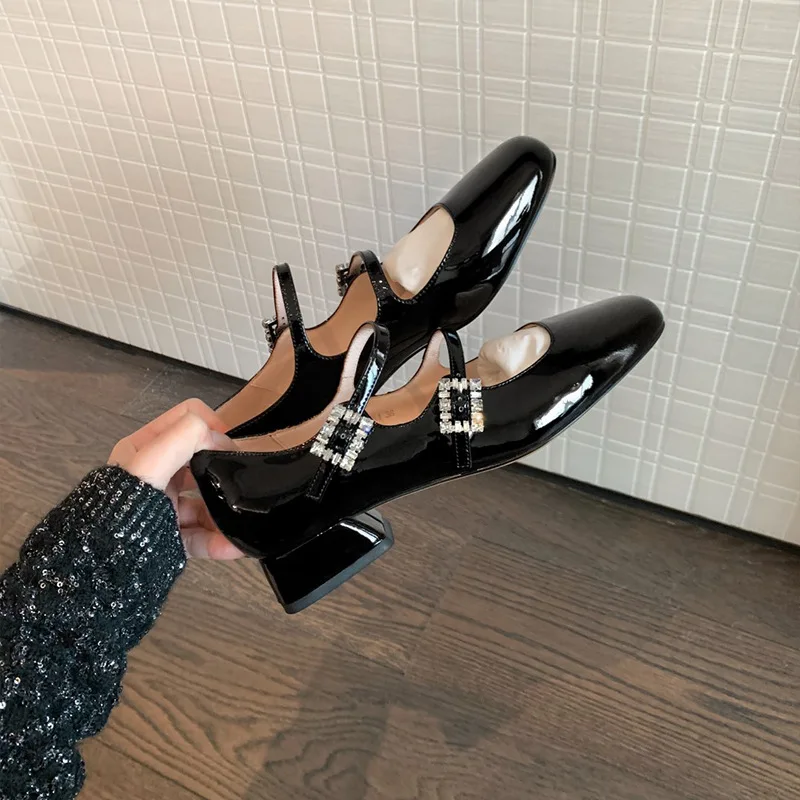 Laofers Dámske jarné byty Mary Jane Shoes Shoes Square Toe Dámske topánky retro kamienok Reminestone Pu Red Black Women Pumps