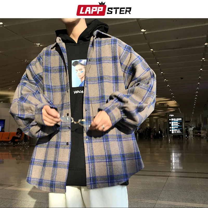 Lappster Y2K Harajuku Harajuku Plaid košeľa 2023 Man Streetwear Fleece Tirls s dlhým rukávom pánske vintage kórejské módy oblečenie