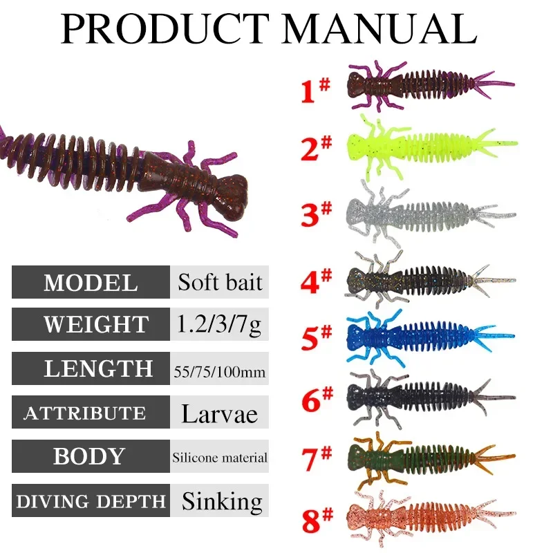 Larva mäkké návnady 55 mm 75 mm 100 mm umelý rybársky červ Silikón Bass Pike Minnow Swimbait Jigging Plaits