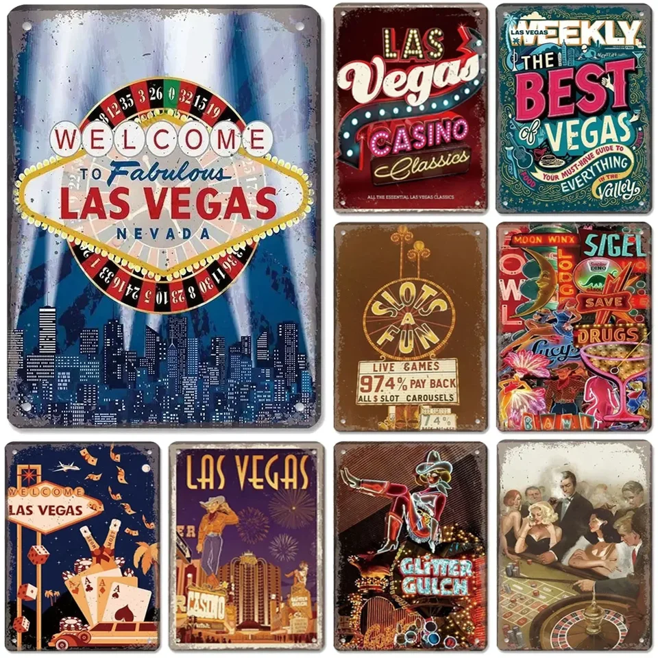 Las Vegas Metal Tin Signs Plaque Wall Decorácie Vintage Art Plagáty železná maľba pre mužov Cave Home Cafe Game Room Club Bar