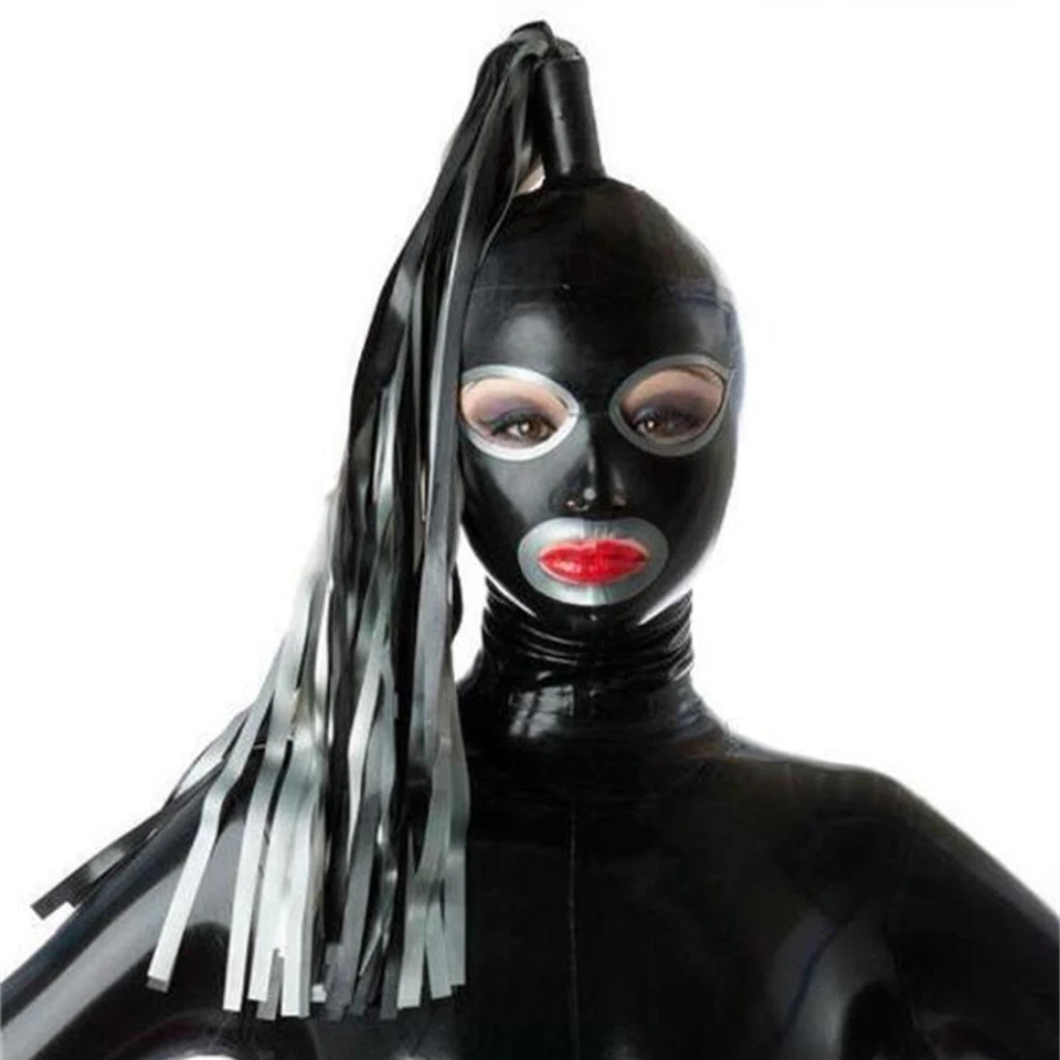 Latex kapucňa s čiernou a sivou gumovou copom parochňou guma čela, latexová hlava krytu, ručne vyrábaná latexová maska ​​pre unisex cosplay klub