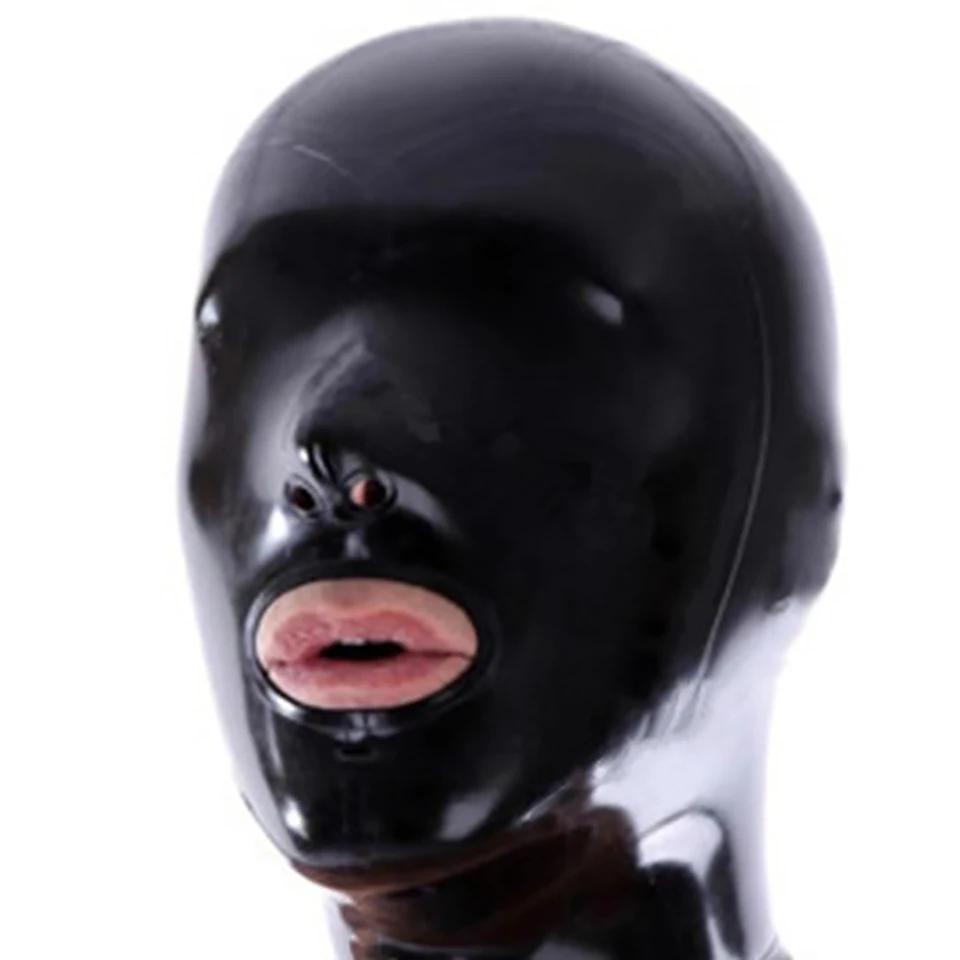 Latexová maska ​​s rolou zipsu Hranie fetišských párty rekvizity Men Black latex kapucňa maska ​​Otvorená ústa a nos