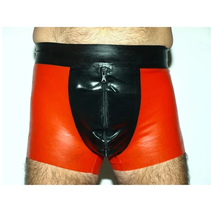 Latexové šortky gumové boxerové nohavičky čierne s červenou s predným rozkrokom zipsom spodnej bielizne Club Club Wear Kostým ručne vyrobený