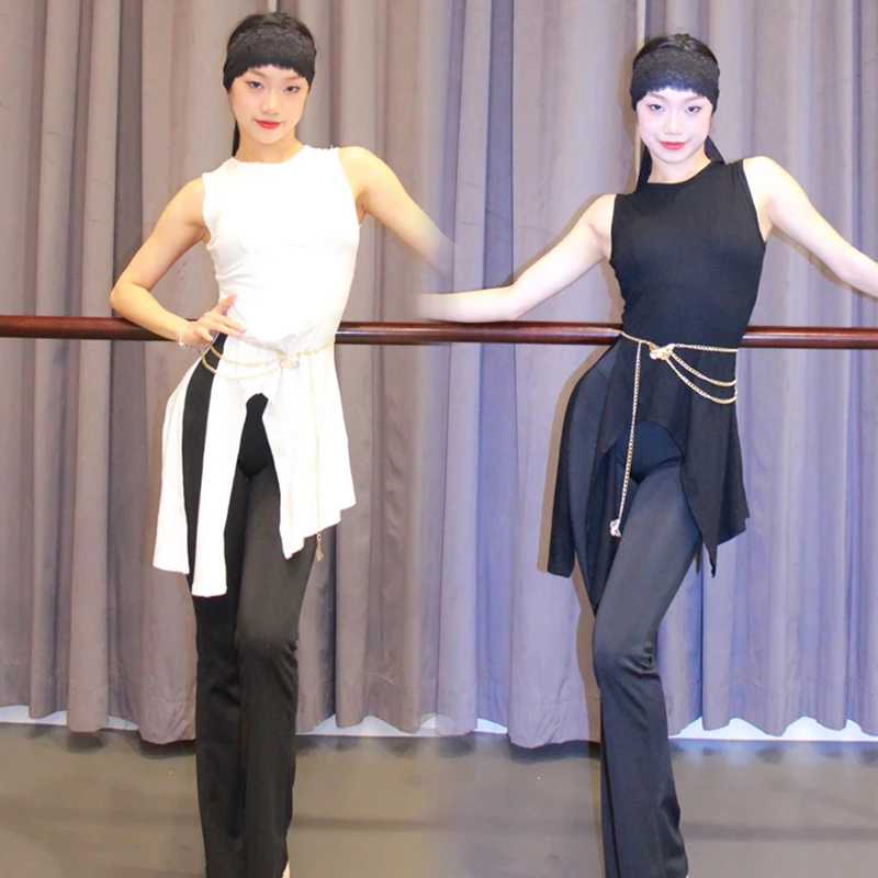Latinský tanečný odev Dospelé ženy bez rukávov biele čierne nepravidelné vrcholy rozšírené nohavice Rumba Cha Cha Dance Practice Wear DNV20851
