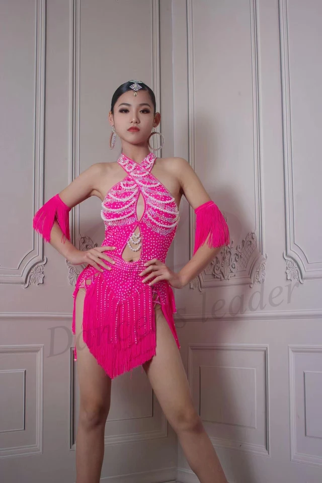 Latinský tanečný súťaž Dámske dámske šaty Custom Cross Brck Pearl Tassel Samba Performance Dayse Dress