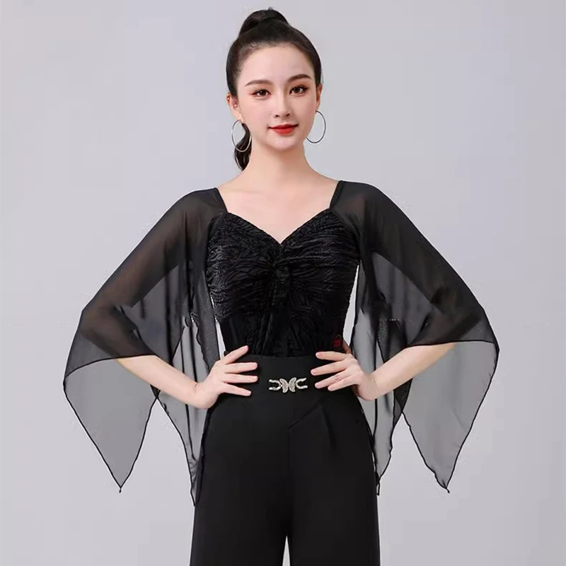 Latinský tanečný tréning oblečenie dámske elegantné šifónové rukávy zamatové tanečné tanečné topánky Moderné valcové tanečné trikoty Bodysiuut