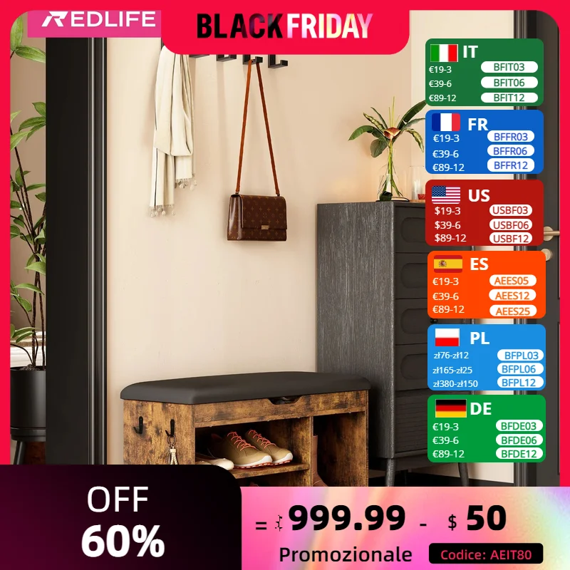 Lavica topánok RedLife W/ Cushion Lift Top Top Storage Lavica 2 Tierová lavica s čalúneným sedadlom pre vstupnú obývaciu izbu 32 × 16 × 11,8 palca