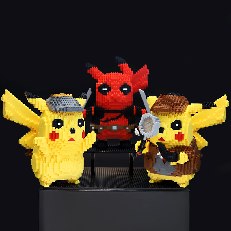 Lboyu Pokemon Mini Building Blocks Detective Pikachu Deadpool Diamond Diamond Micro Brick Figures Hračky pre dieťa darček k narodeninám
