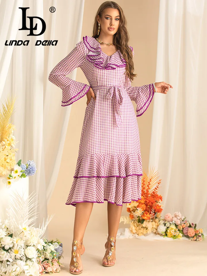 Ld Linda della Dámske elegantné fialové kockované šaty Jeseň Rucked Rufle Lace Up Slim Young Girls 'Šaty