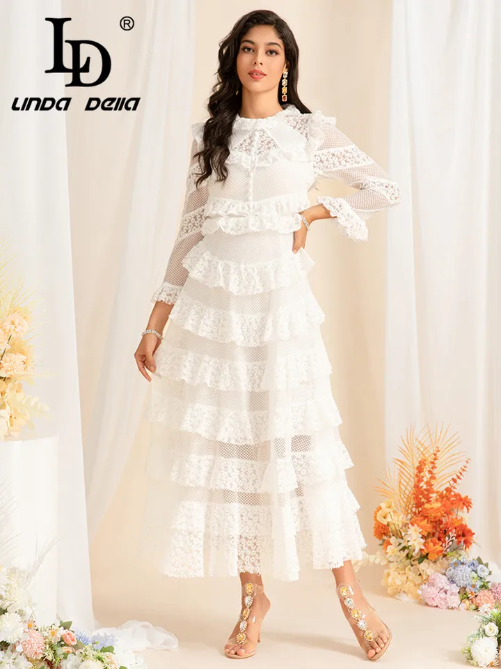 Ld Linda della Vysoko kvalitná biela čipka s dlhým rukávom Slim-Fit Party Chemitované nové nahrádzané pásové elegantné dlhé šaty