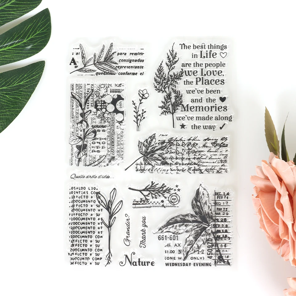 Leaf/Text pozadie Silikón Transparentné pečiatky dekorácie dekorácie Scrapbooking Vintage Clear Stamp Planner Junk Journal Supplies
