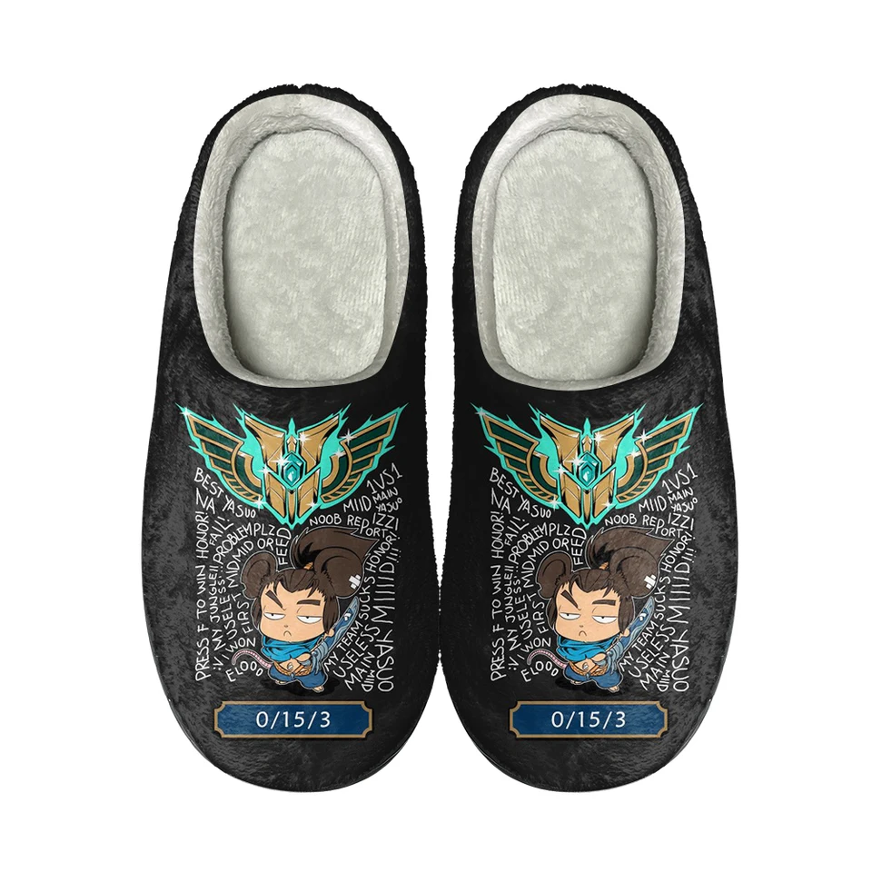 League legiend Yasuo Home Cotton Custom Plippers Vysoko kvalitné muži Ženy plyšové móda neformálne udržiavajte teplé topánky tepelné papuče