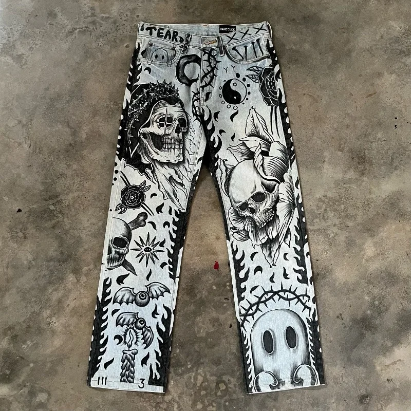 Lebka Letter Geometric Print Gothic Dark Style Vysoko páový džínsy pre mužov Y2K Trendy Street Rock Skateboarding Baggy Swelling