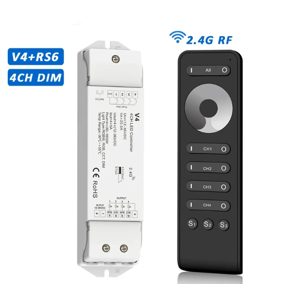 LED Dimmer V4 12V DC 24V 36V 48V 4Channels Push Dim Switch PWM RF 2.4G Wireless Remote RS6 Ovládanie pre jednofarebnú LED pásik LED