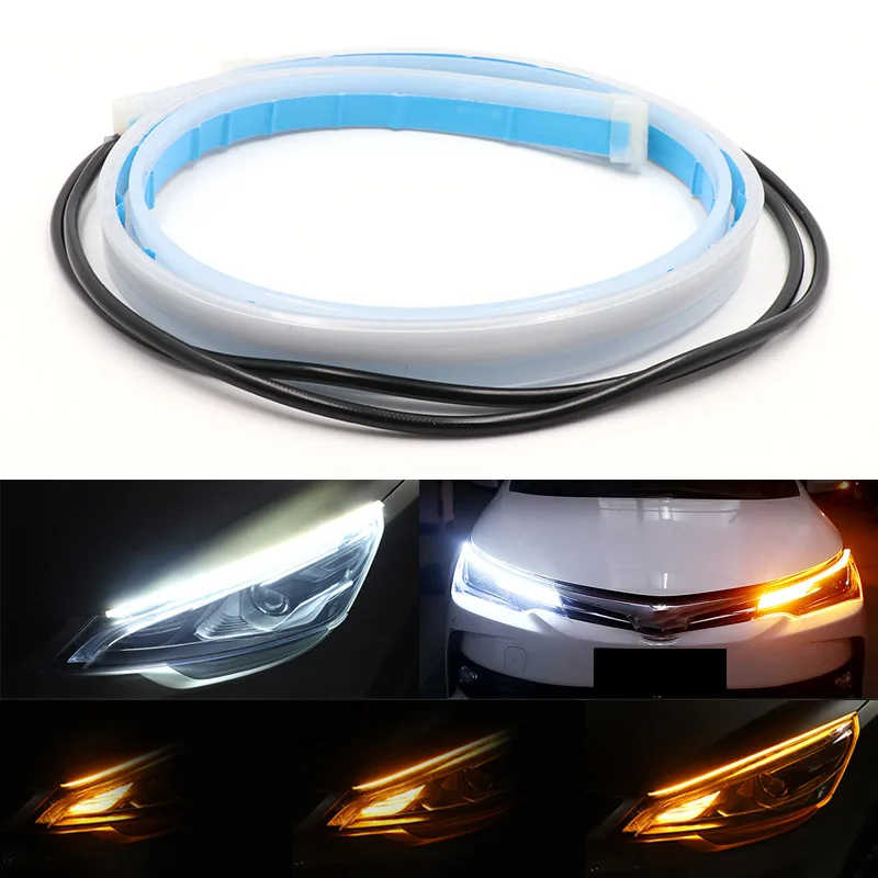 LED DRL CAR DENNE RUDNÁ LIGHT Flexibilné vodotesné pásové pásové automatické svetlomety biele 60 cm zákruty žltého brzdového prietoku svetlá 12V
