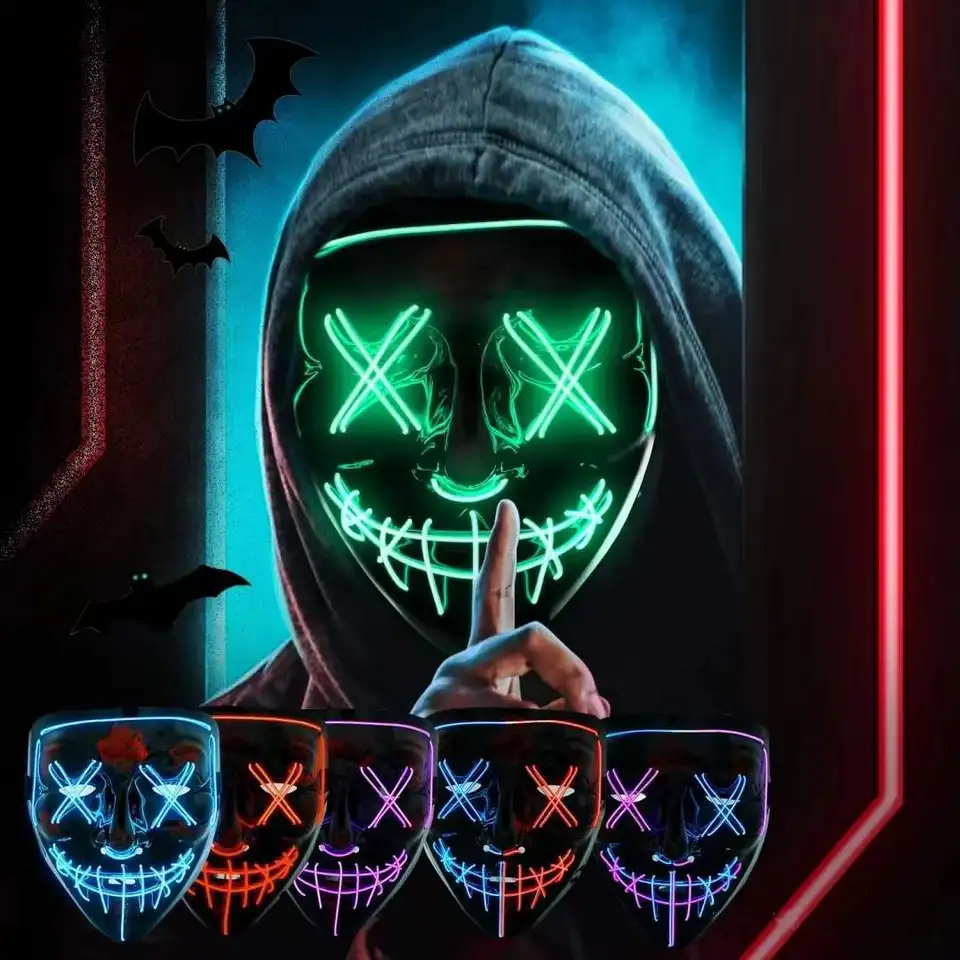 LED duálne farby žiariace masky Halloween Letter V Hororová maska ​​Hracie rolí karnevalovej masky studeného svetla