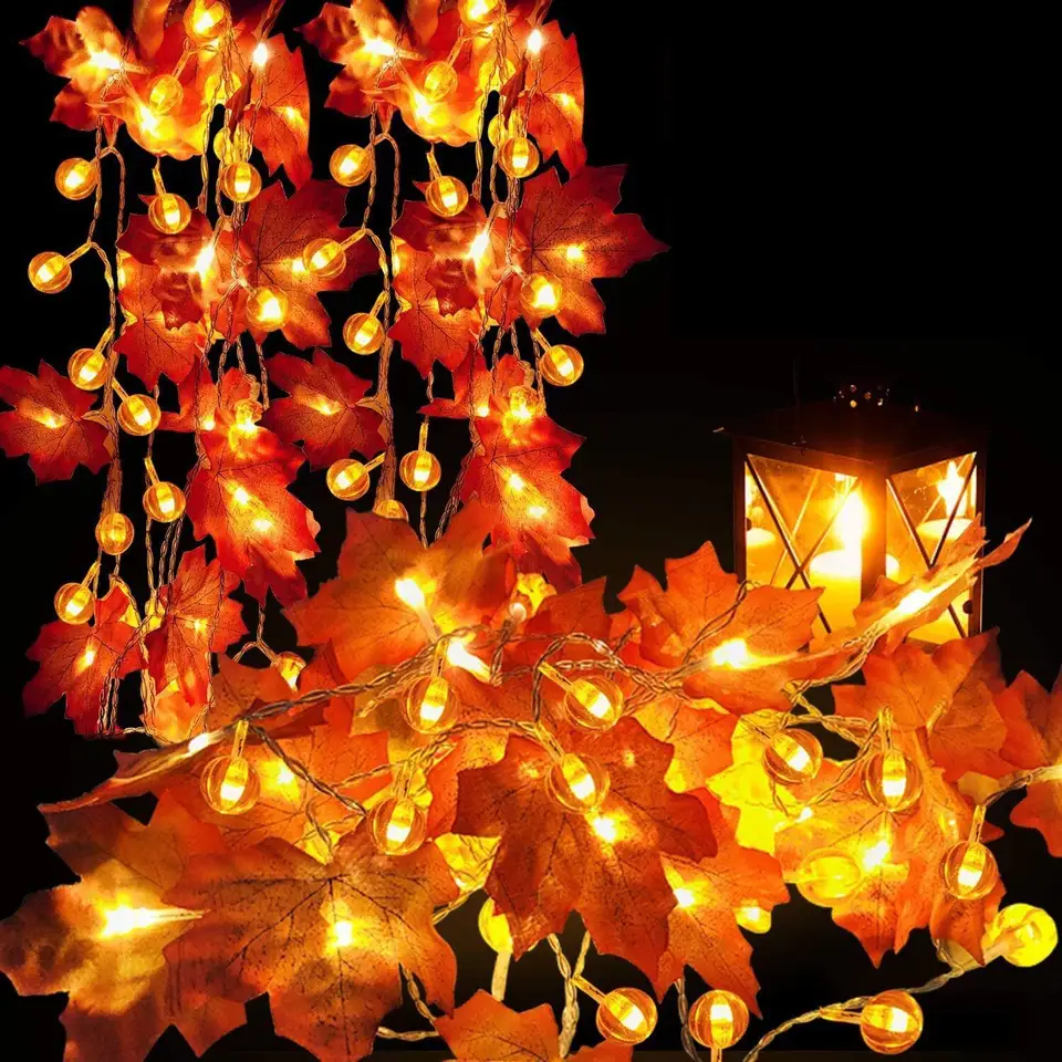 LED Halloween Light Garland Battery Pohárikované tekvica javor LEAF Fairy Light Garden Spálňa Vianoce stromové sviatky