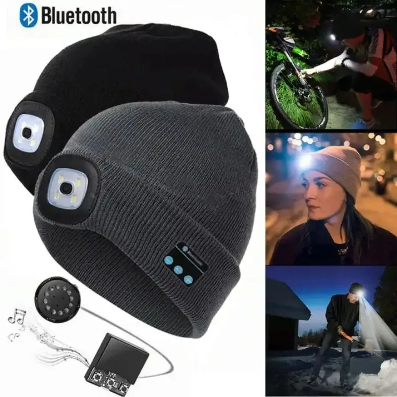LED klobúk svetlomet s Bluetooth Wireless Stereo Headset Hudobný prehrávač Stlmenie dobíjateľná baterka unisex čiapky pletené pletenie