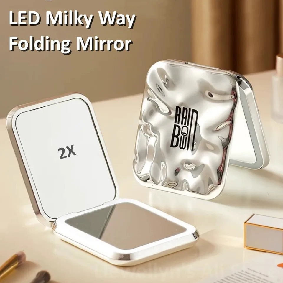 LED make-up zrkadlo obojstranné skladanie so svetlami prenosné ručne držané vreckové zrkadlo 2x zväčšovacie kompaktné zrkadlo cestovanie