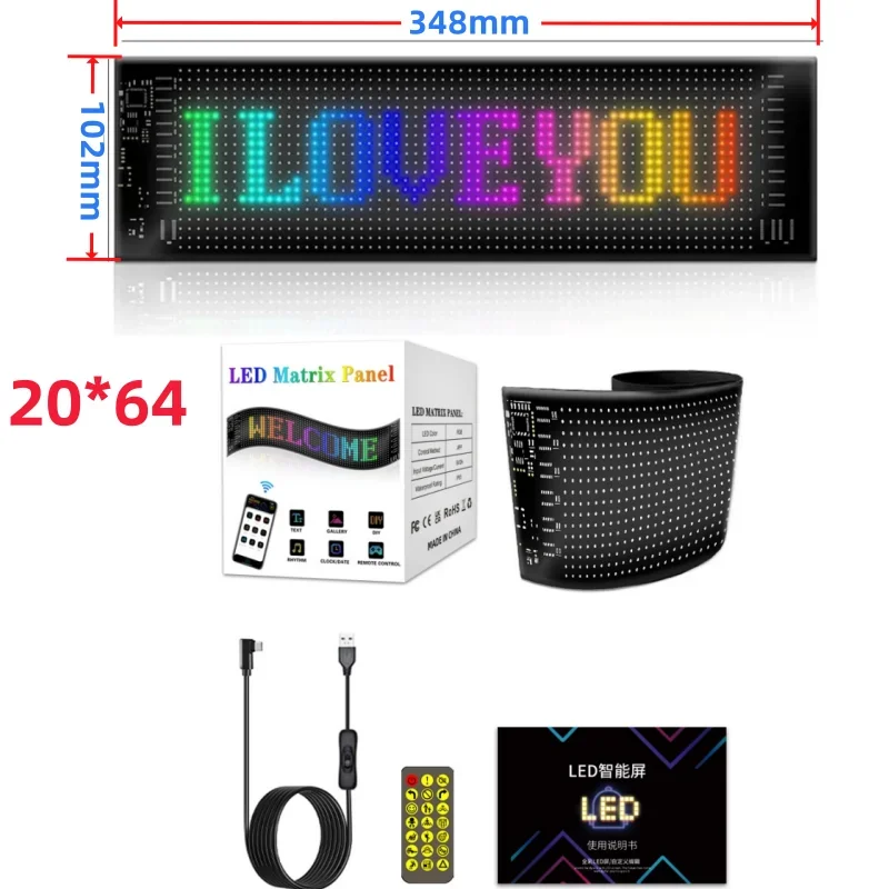 LED matica Pixel Panel Flexibilný 5V USB 20*64 Advokátsky vzor RGB Pattern Graffiti Scrolling Text Animation Displej pre reklamu.