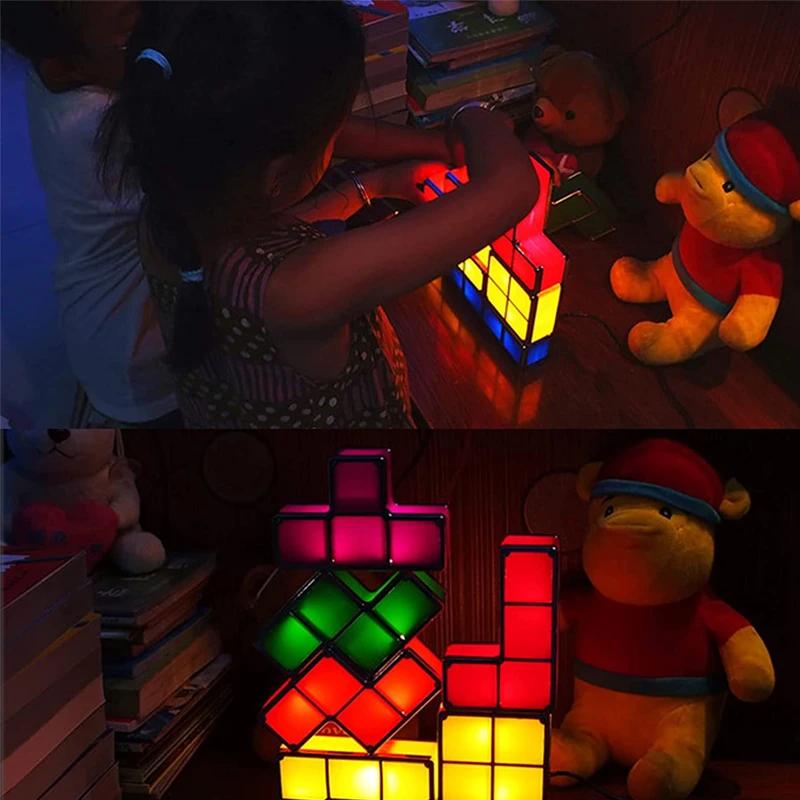 LED stohovateľné puzzle svetlo DIY Novinka stolová lampa 7 farebný konštrukčný blok plug-in nočné svetlo retro hra tehlové detské hračky darček