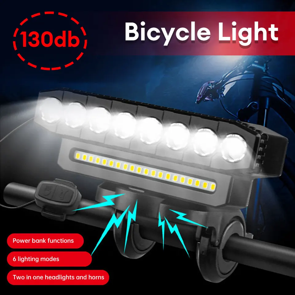 LED svetlomet LED svetla LED LED s 130 dB zvončekový bicykel Front Light Power Bank 6 Svetelné režimy USB nabíjanie bicyklových doplnkov