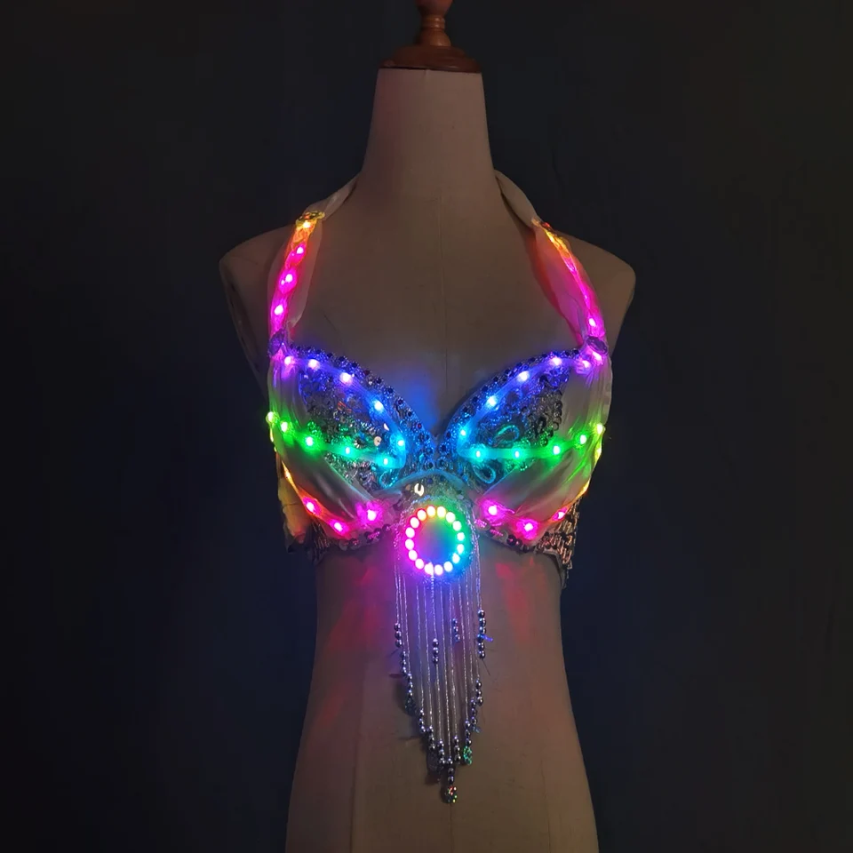 LED svetlá bling bling morská panna bruško tanečný kostým set žien brušné tanečné podprsenky sukne profesionálne oblečenie