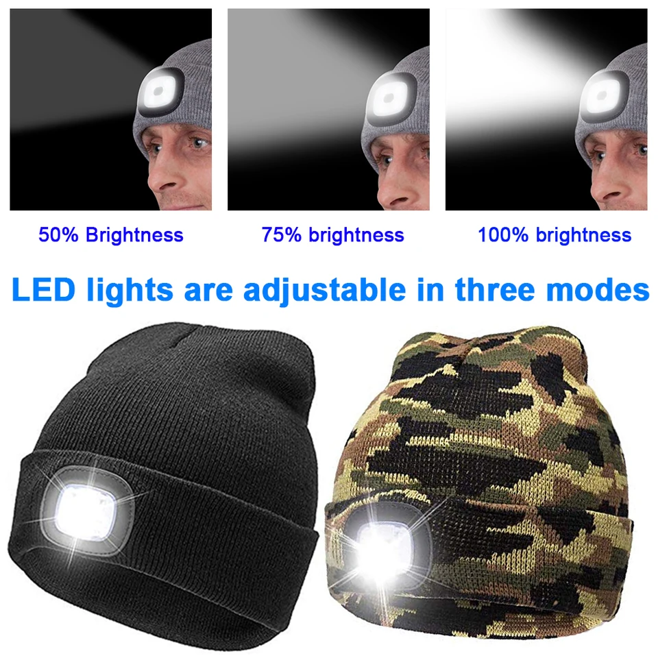 LED ľahké pletené klobúky Teplá elastická čiapka jesenná zimná zima vonkajšia športová noc turistika rybársky kemping žiar na kapotu unisex svetlomet