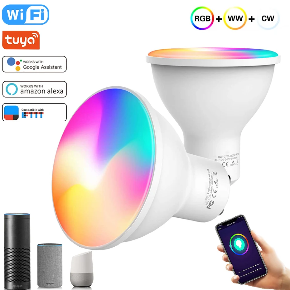 LED žiarovka GU10 Spotlight 8W RGB Stmmable Lamp RGBW RGBWW Lights IR diaľkové ovládanie / TUYA SMART WIFI Ovládanie s Alexou pre dom