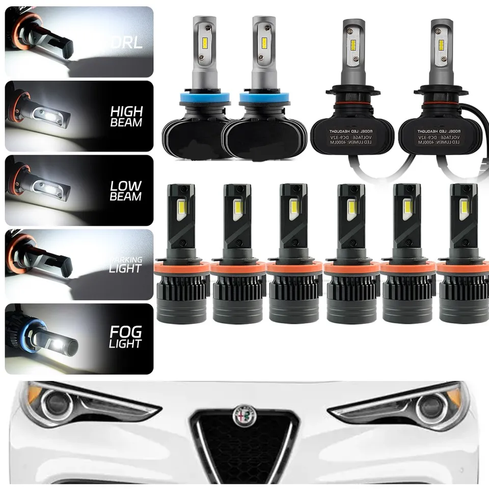 LED žiarovky LED svetlometov Upgrade Súprava jasne biela pre Alfa Romeo Stelvio 949 2016-2024 Nízky lúč, vysoký lúč, hmlová lampa, DRL, parkovacie svetlo