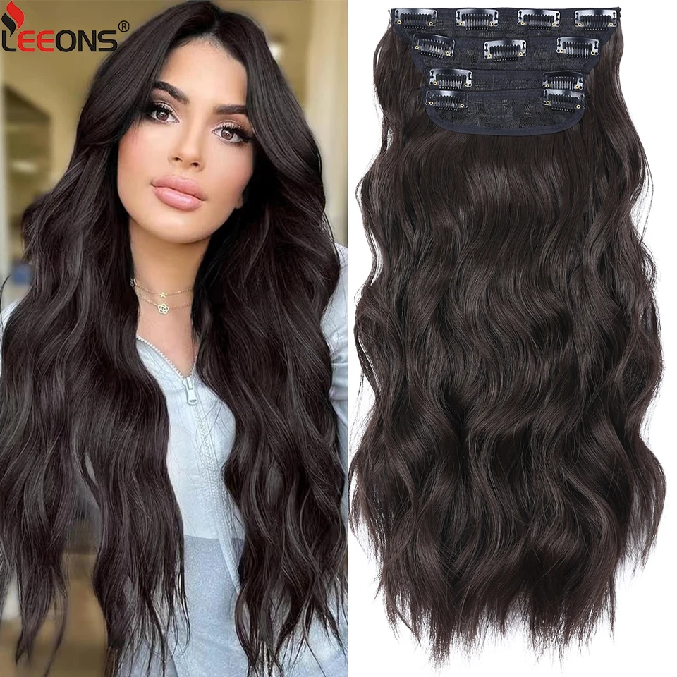 Leeons Long Syntetic 11 Clip in Hair Wavy Clip in Hair Extensions 4ks/Set Syntetic Ombre Blonde Brown Husté vlasy