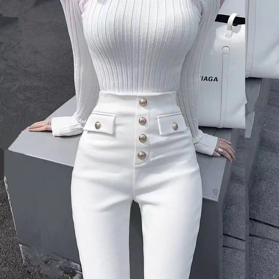 Legíny s vysokým pásom Ženy Cast Gold Gold Button Fly Fly Plné nohavice ceruzky Kórejské streetwear Skinny nohavice natiahnuté Spodnie 2025 Nové