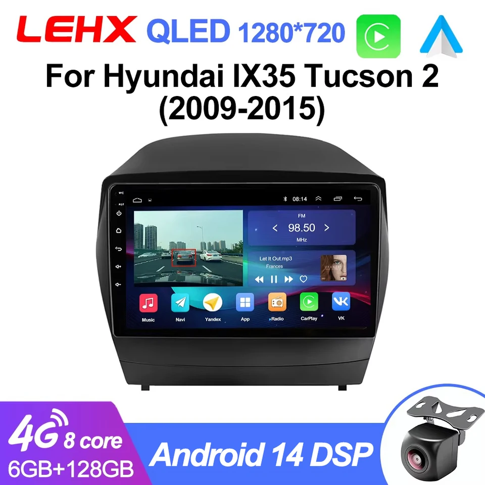Lehx Car Radio Multimedia Video Player Android 14 2 DIN CarPlay Auto DVD pre Hyundai Tucson 2 LM IX35 2009 - 2015 Autoradio GPS