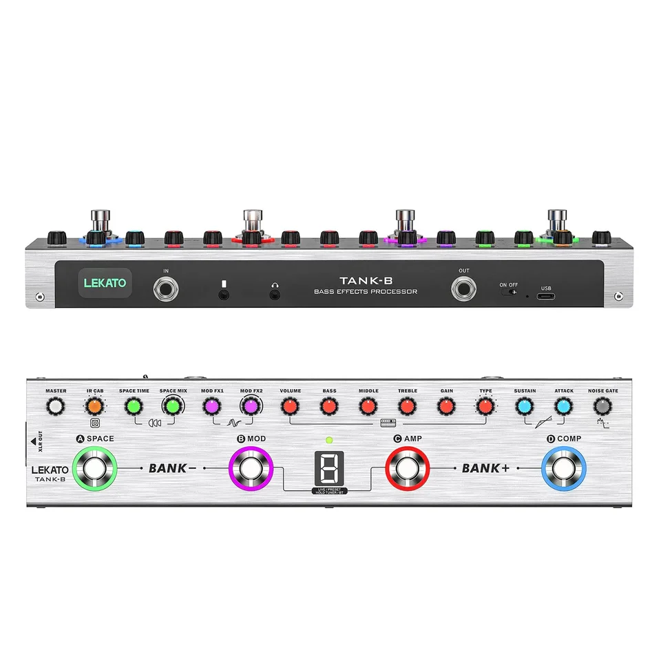 Lekato Bass Multi Effects Pedál, basové efekty pedál s 36 predvoľbami, upraviteľné 4 moduly, zosilňovač, kompresor, mod, priestor, reverb