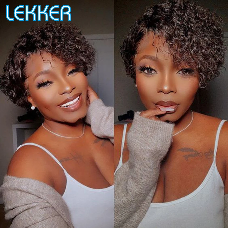 Lekker Short Pixie Kinky Curly Bob Part Lace Front Front 100% ľudské vlasy parochne pre ženy