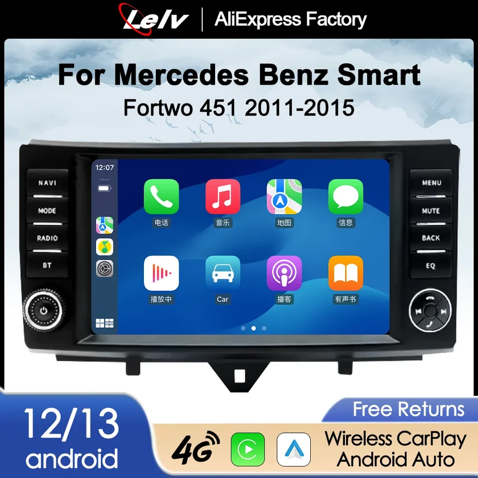 Lelv Android 13 pre Mercedes Benz Smart Fortwo 451 2010-2015 CarPlay WiFi Multimedia Video Player Auto Stereo GPS 2DIN Navi