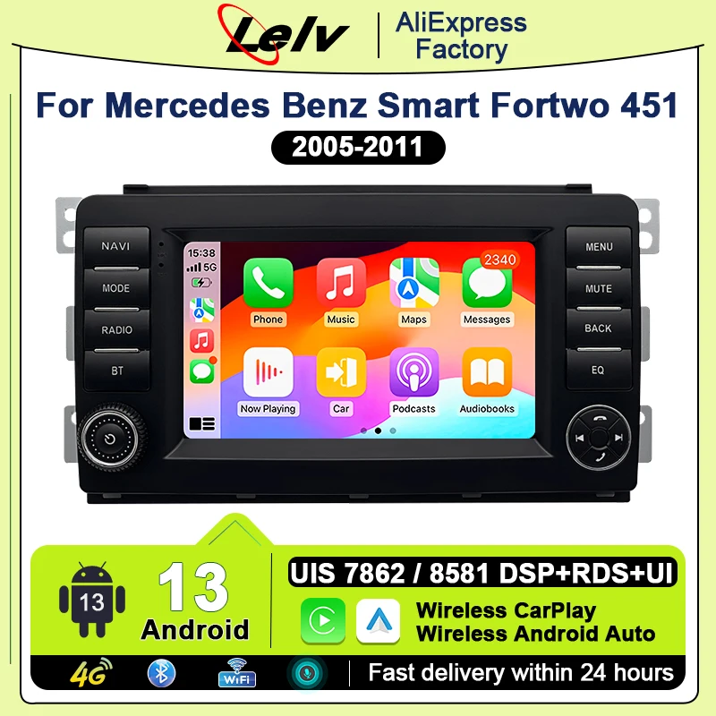 Lelv Android 13 pre Mercedes Benz Smart Fortwo 451 2005-2010 CarPlay WiFi Multimedia Video Player Auto Stereo GPS 2DIN Navi