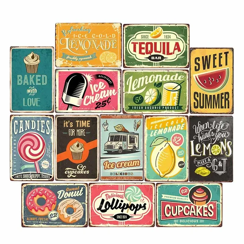 Lemonáda nápoj cukríky Vintage plechové značky kaviareň Pub Pub Retro Wall Decor Metal Plagát 20x30cm
