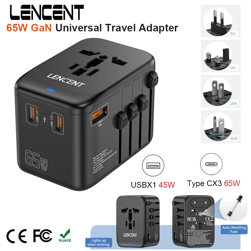 Lencent 65W Gan Universal Cestovný adaptér s portmi 3Type C+1USB Rýchle nabíjanie cestovného adaptéra EÚ/UK/USA/AUS