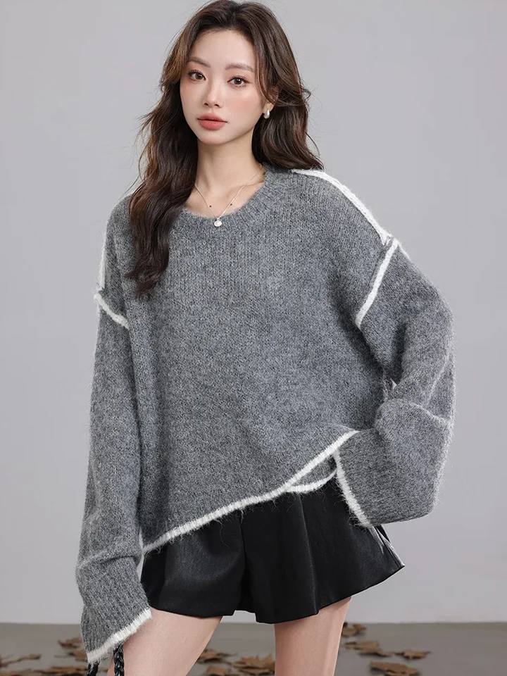 Lenivý veterný retro šedý svetre Ženy nepravidelné príležitostné kórejské pletené pulvovery Streetwear Príležitostné dámske dámy s dlhým rukávom Lady