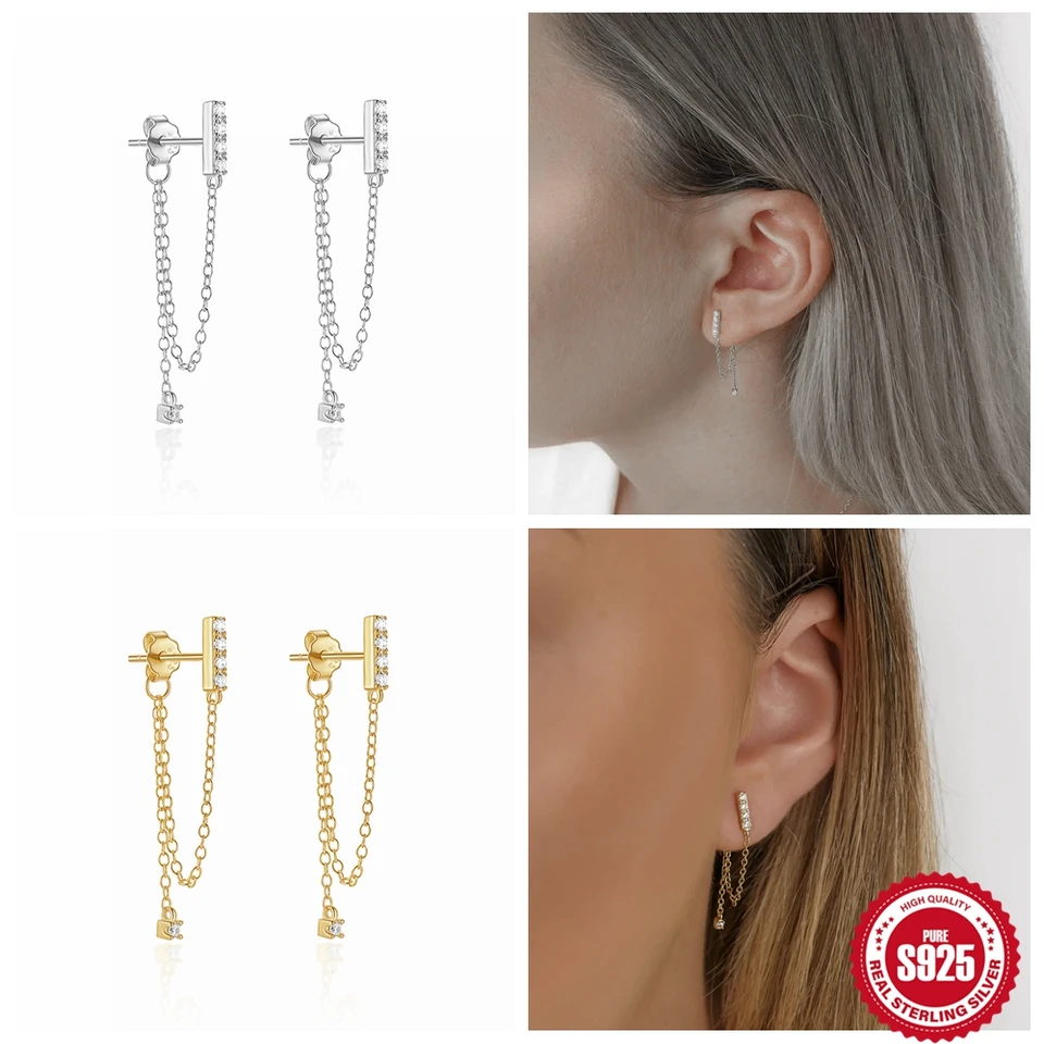 Lennik 925 Sterling Silver Crystal Zirconia Link Chain Stud náušnice pre ženy módne módne náušnice piercing šperky