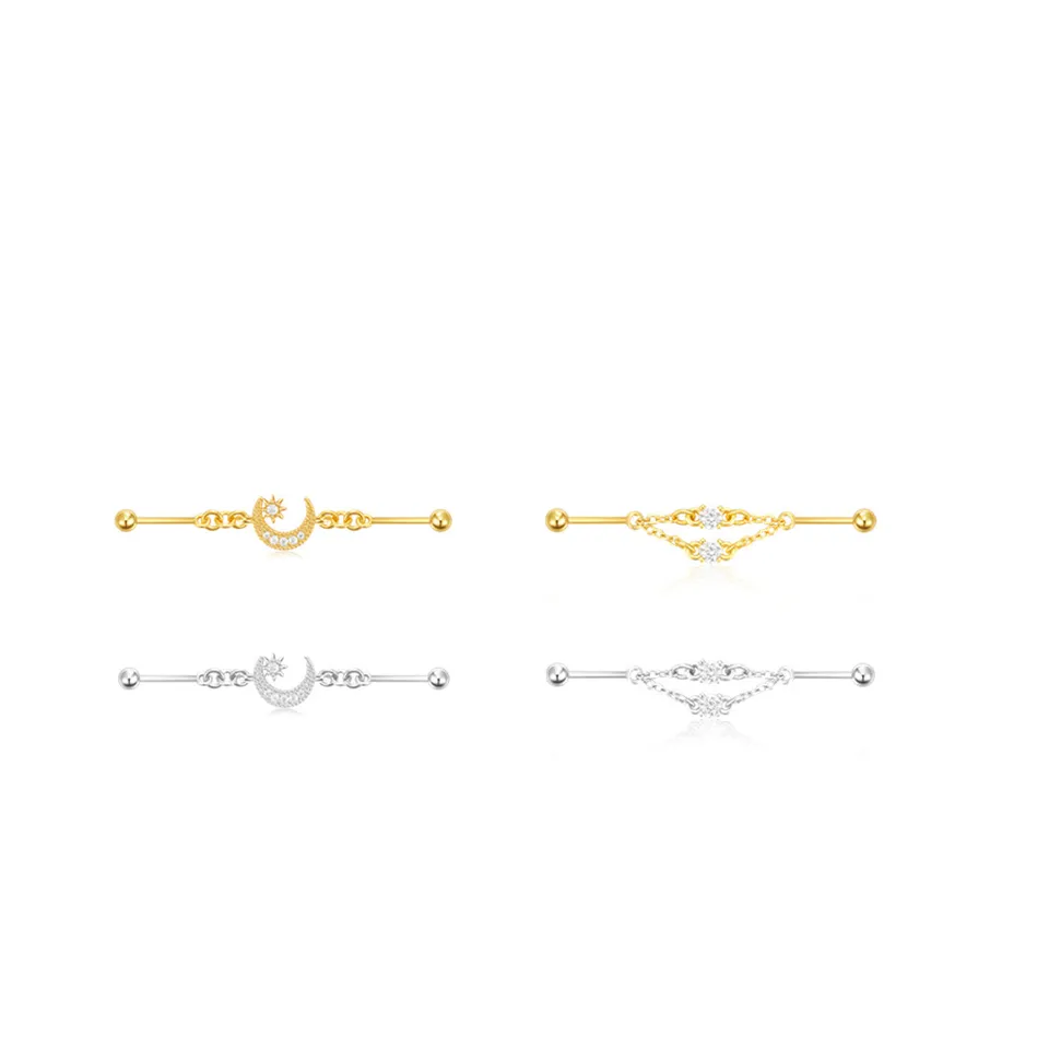 Lennik 925 Strieborné náušnice Dámske hviezdy Moon/dvojité zirkonové prvky Priemyselná činka Barbell Piercing Jewelry Gifts Plata 925