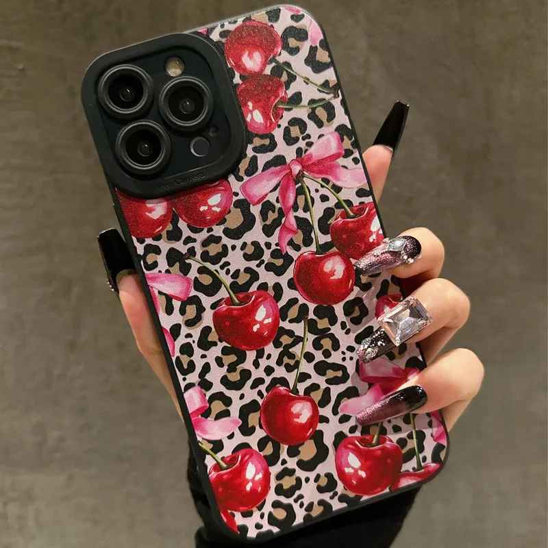 Leopard Cherry Graphic Pase pre iPhone 16 15 14 13 12 11 x xr xs SE2 SE 8 7 Plus max