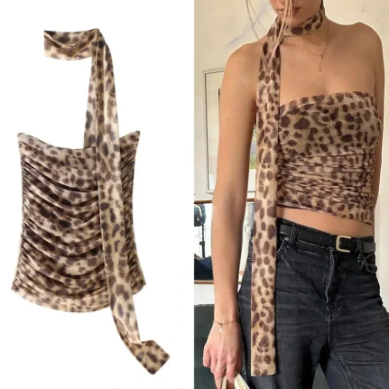Leopard Tulle Crop Top Women Tlač Roched korzet Top žena vintage letný ohláčik vrchol backless Sexy Party Tops pre ženy 2024
